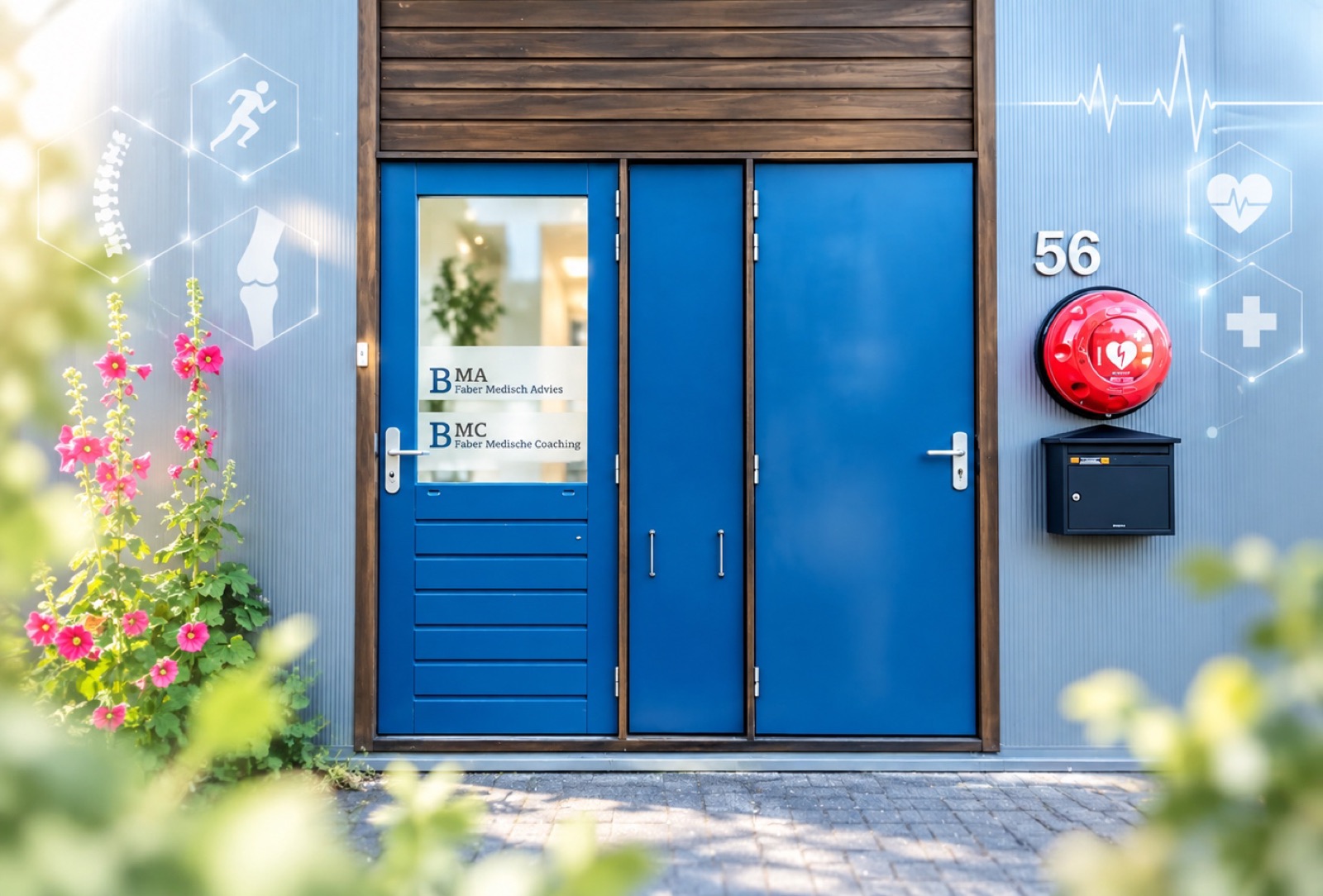 De blauwe entree van de praktijk aan de Handelsweg 56 in Vlissingen